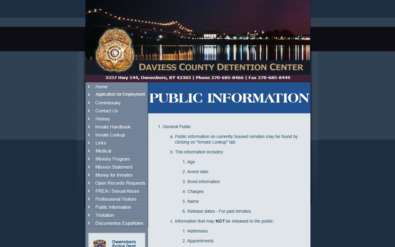 Daviess County public information page showing available inmate data