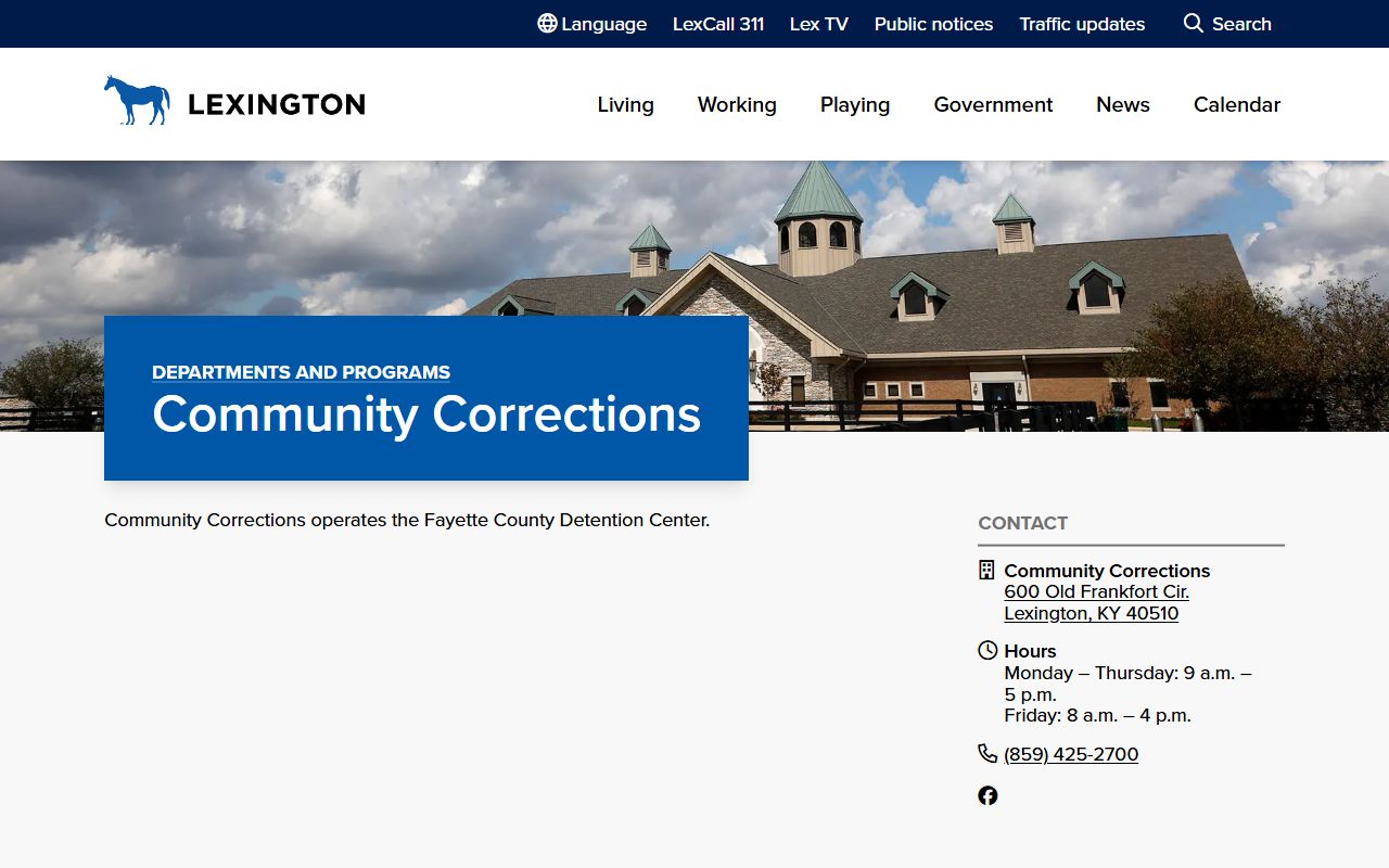 Lexington Community Corrections page with inmate services information