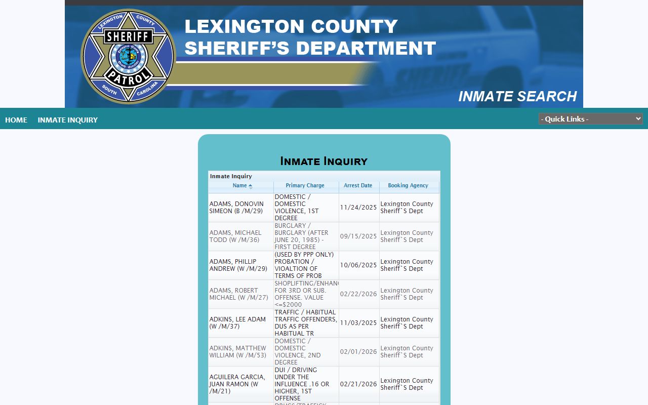 Lexington Sheriff inmate inquiry page showing search results