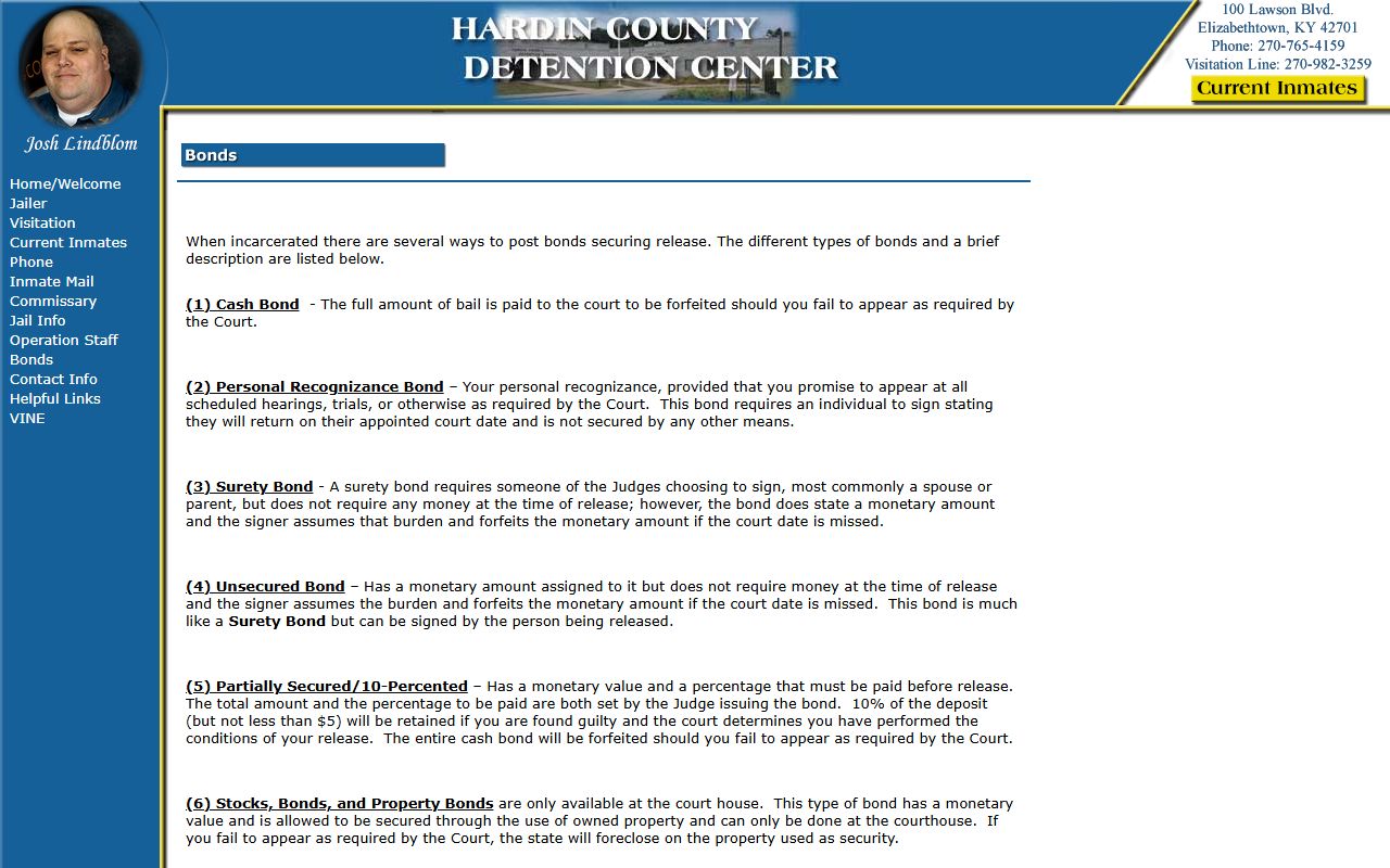 Hardin County bond information page showing bond types and fees