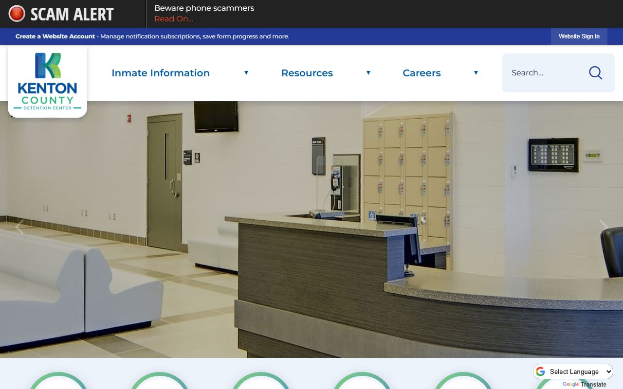 Kenton County Jail homepage showing inmate search and facility information