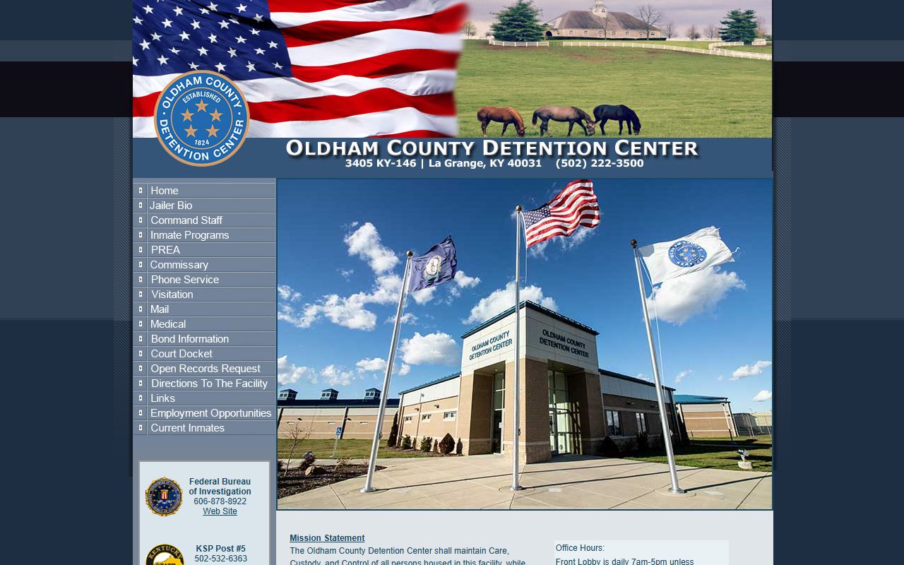 Oldham County Jail homepage with facility information