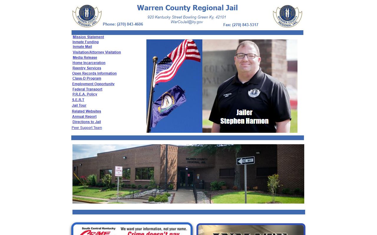 Warren County Regional Jail homepage showing inmate search options