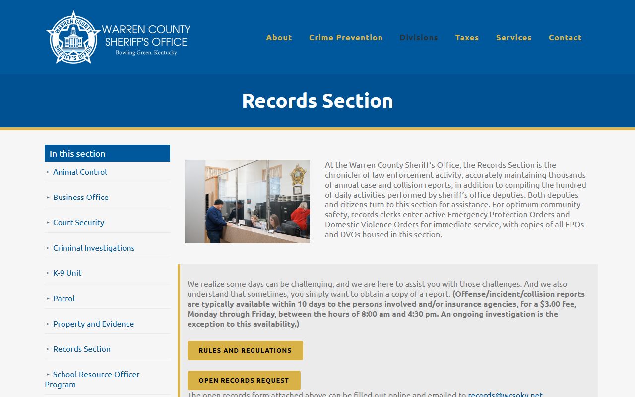 Warren County Sheriff Records Section page