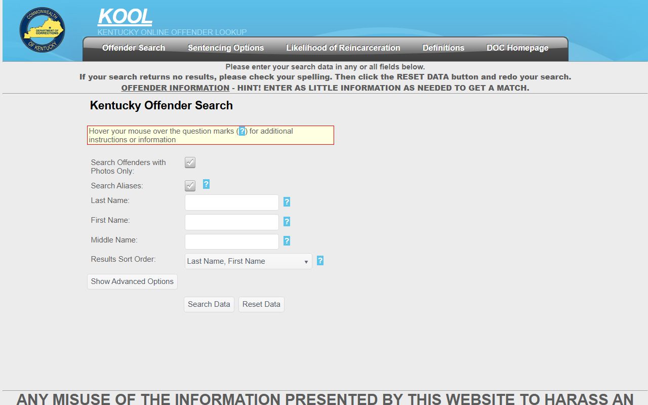 Kentucky Online Offender Lookup KOOL search page for 72 hour booking records